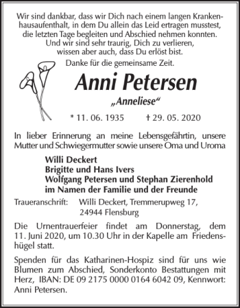Traueranzeige von Anni Petersen von Flensburger Tageblatt