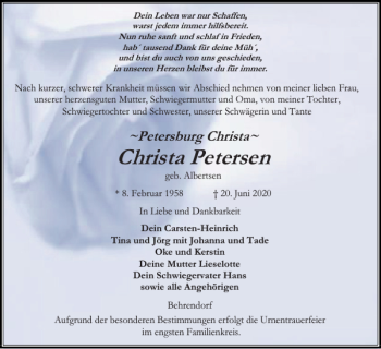 Traueranzeige von Christa Petersen von Husumer Nachrichten