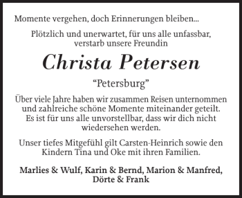 Traueranzeige von Christa Petersen von Husumer Nachrichten