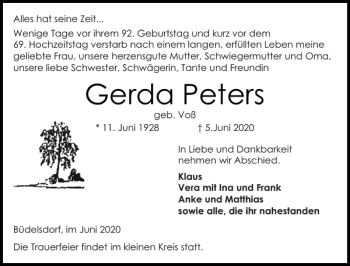 Traueranzeige von Gerda Peters von Landeszeitung