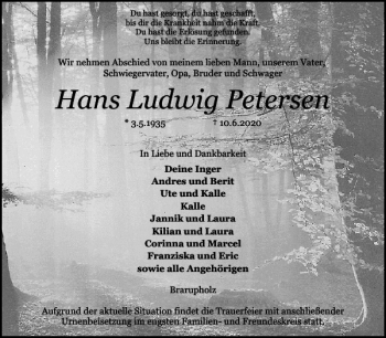 Traueranzeige von Hans Ludwig Petersen von Flensburger Tageblatt