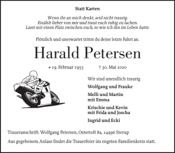 Traueranzeige von Harald Petersen von Flensburger Tageblatt