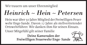 Traueranzeige von Heinrich Hein Petersen von Nordfriesland Tageblatt