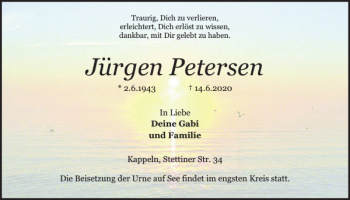 Traueranzeige von Jürgen Petersen von Schlei-Bote