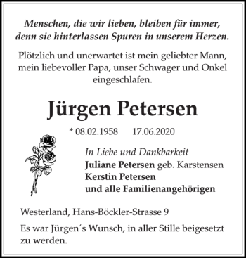 Traueranzeige von Jürgen Petersen von Sylter Rundschau