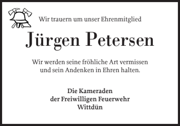 Traueranzeige von Jürgen Petersen von Der Insel-Bote