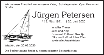 Traueranzeige von Jürgen Petersen von Der Insel-Bote