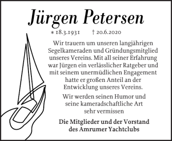 Traueranzeige von Jürgen Petersen von Der Insel-Bote