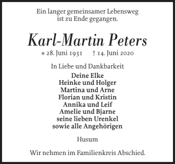 Traueranzeige von Karl-Martin Peters von Husumer Nachrichten