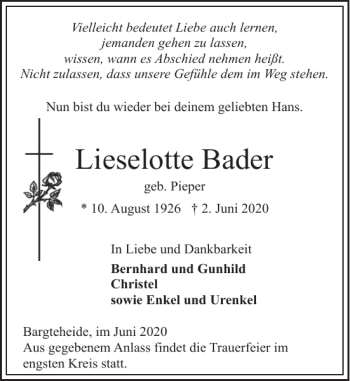 Traueranzeige von Lieselotte Bader von Stormarner Tageblatt
