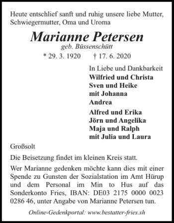 Traueranzeige von Marianne Petersen von Flensburger Tageblatt