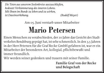 Traueranzeige von Mario Petersen von Landeszeitung