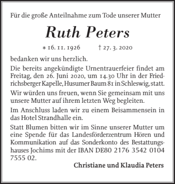 Traueranzeige von Ruth Peters von Schleswiger Nachrichten