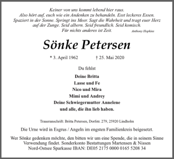 Traueranzeige von Sönke Petersen von Flensburger Tageblatt