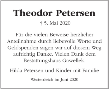 Traueranzeige von Theodor Petersen von Husumer Nachrichten