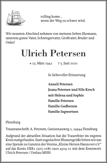 Traueranzeige von Ulrich Petersen von Flensburger Tageblatt
