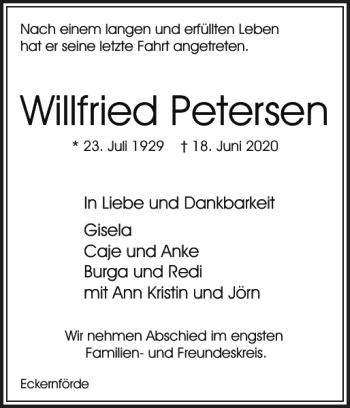 Traueranzeige von Willfried Petersen von Eckernförder Zeitung