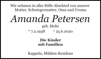 Traueranzeige von Amanda Petersen von Schlei-Bote