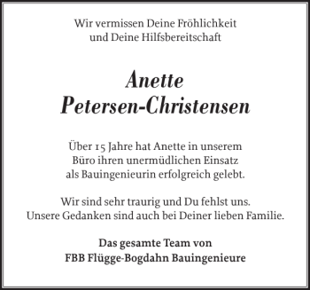 Traueranzeige von Anette Petersen-Christensen von Flensburger Tageblatt