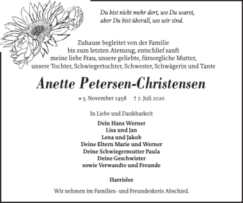 Traueranzeige von Anette Petersen-Christensen von Flensburger Tageblatt