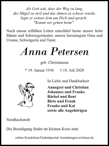 Traueranzeige von Anna Petersen von Flensburger Tageblatt