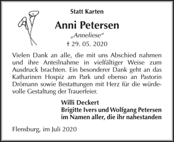 Traueranzeige von Anni Petersen von Flensburger Tageblatt