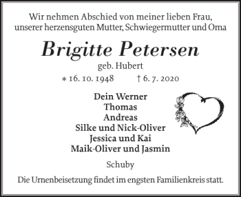 Traueranzeige von Brigitte Petersen von Schleswiger Nachrichten