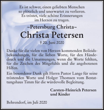 Traueranzeige von Christa Petersen von Husumer Nachrichten