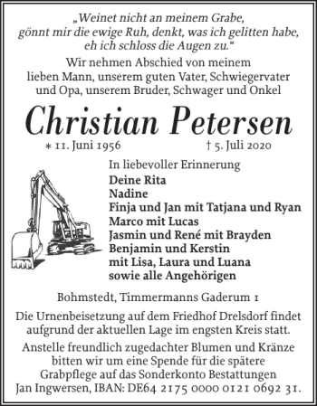 Traueranzeige von Christian Petersen von Husumer Nachrichten