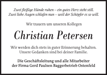 Traueranzeige von Christian Petersen von Husumer Nachrichten