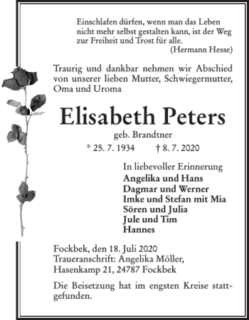 Traueranzeige von Elisabeth Peters von Landeszeitung