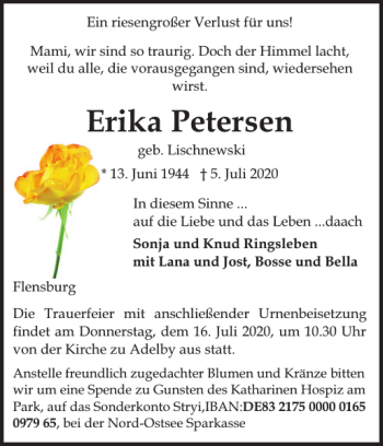 Traueranzeige von Erika Petersen von Flensburger Tageblatt