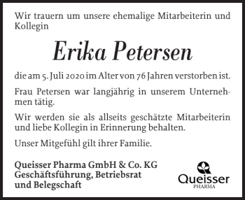 Traueranzeige von Erika Petersen von Flensburger Tageblatt