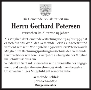 Traueranzeige von Gerhard Petersen von Norddeutsche Rundschau