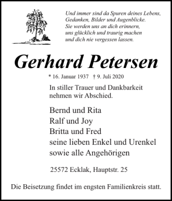 Traueranzeige von Gerhard Petersen von Norddeutsche Rundschau