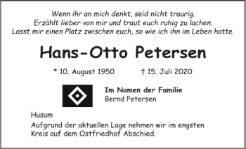 Traueranzeige von Hans-Otto Petersen von Husumer Nachrichten