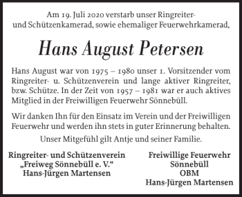 Traueranzeige von Hans August Petersen von Husumer Nachrichten