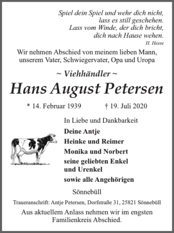 Traueranzeige von Hans August Petersen von Husumer Nachrichten
