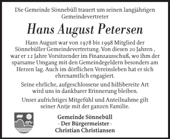 Traueranzeige von Hans August Petersen von Husumer Nachrichten