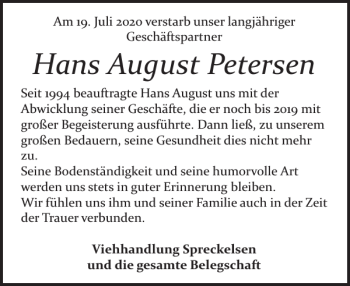 Traueranzeige von Hans August Petersen von Husumer Nachrichten