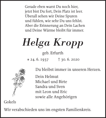Traueranzeige von Helga Kropp von Landeszeitung