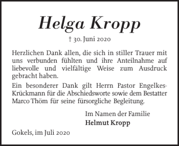 Traueranzeige von Helga Kropp von Landeszeitung