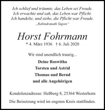 Traueranzeige von Horst Fohrmann von Elmshorner Nachrichten
