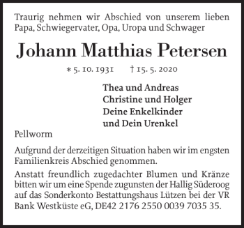 Traueranzeige von Johann Matthias Petersen von Husumer Nachrichten