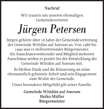 Traueranzeige von Jürgen Petersen von Der Insel-Bote