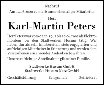 Traueranzeige von Karl-Martin Peters von Husumer Nachrichten