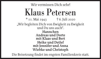 Traueranzeige von Klaus Petersen von Holsteinischer Courier