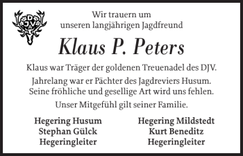 Traueranzeige von Klaus P. Peters von Husumer Nachrichten