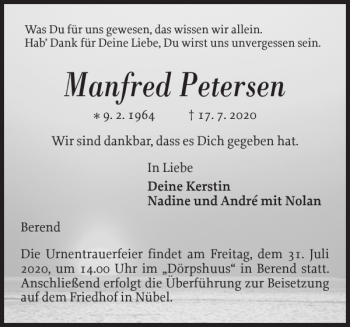 Traueranzeige von Manfred Petersen von Schleswiger Nachrichten