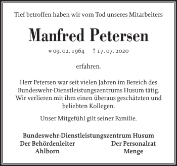 Traueranzeige von Manfred Petersen von Schleswiger Nachrichten